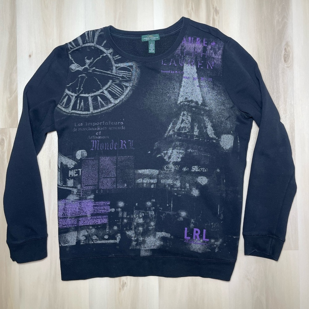 VTG Ralph Lauren LRL Jeans Co Crew Neck Sweater Paris Print Pullover AOP Large
